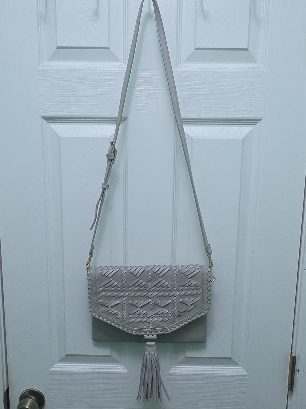 Boho Woven Tassel Crossbody Bag - Light Gray